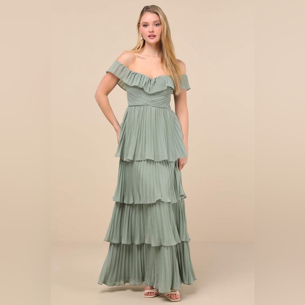 LULUS Always Remarkable Sage Brush Pleated Off-the-Shoulder Maxi Dress NWT